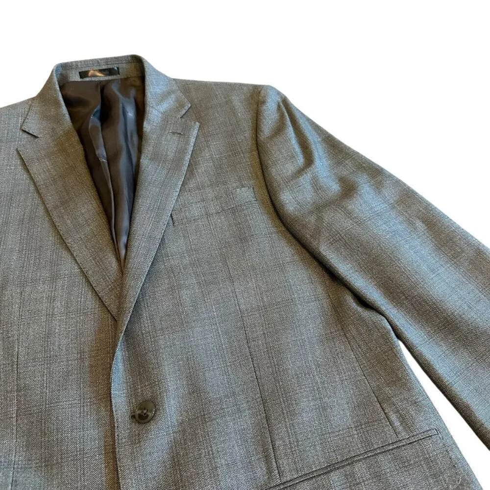 Calvin Klein Silk Wool Button-Down Blazer Jacket Sport Coat Grey Check Size 44L